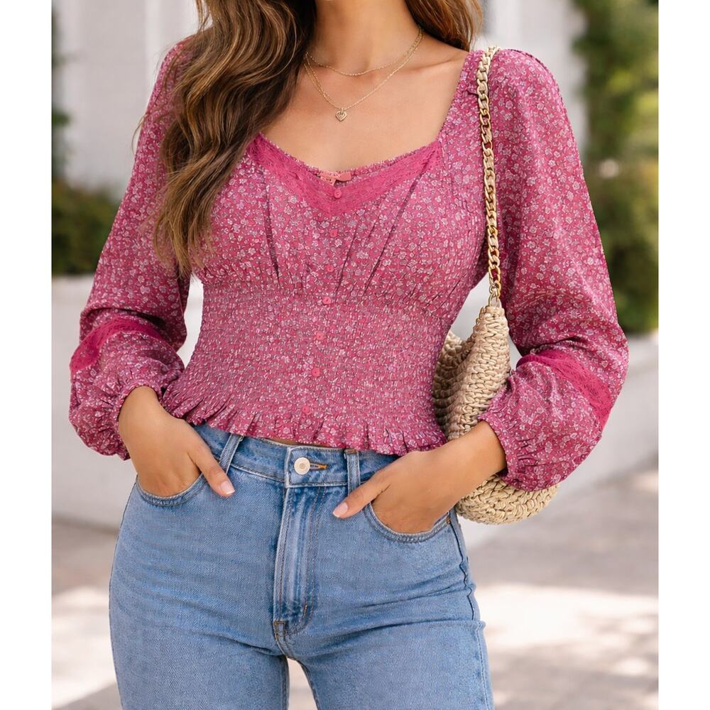 American Eagle Floral Smocked Waist Blouse Lace Details| Prairie Chic Romantic